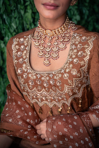 Round Neck Kurta Set with Contrast Design Dupatta