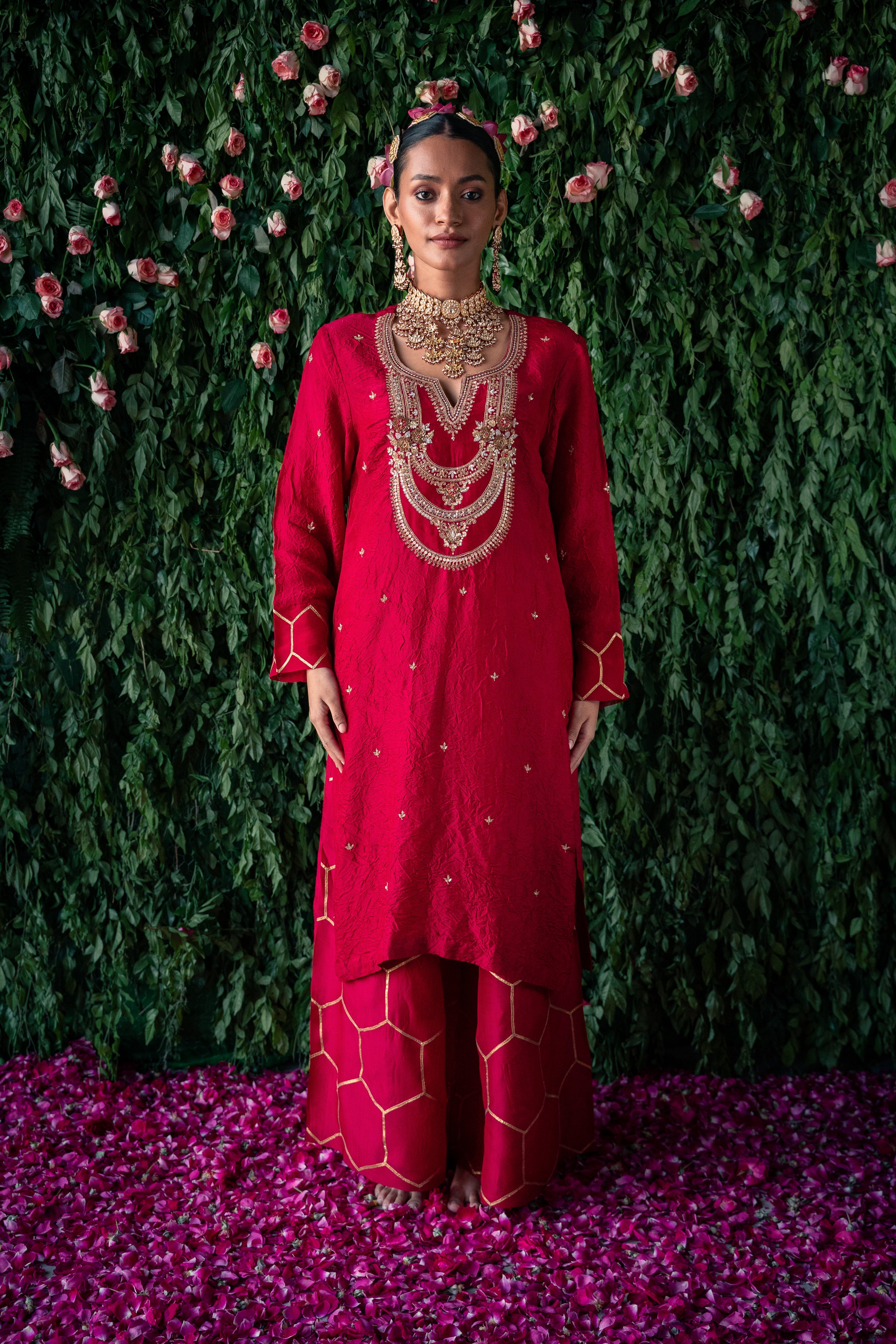 Crushed Silk Kurta with Embroidery and Farshi with Gota Detailing Main image