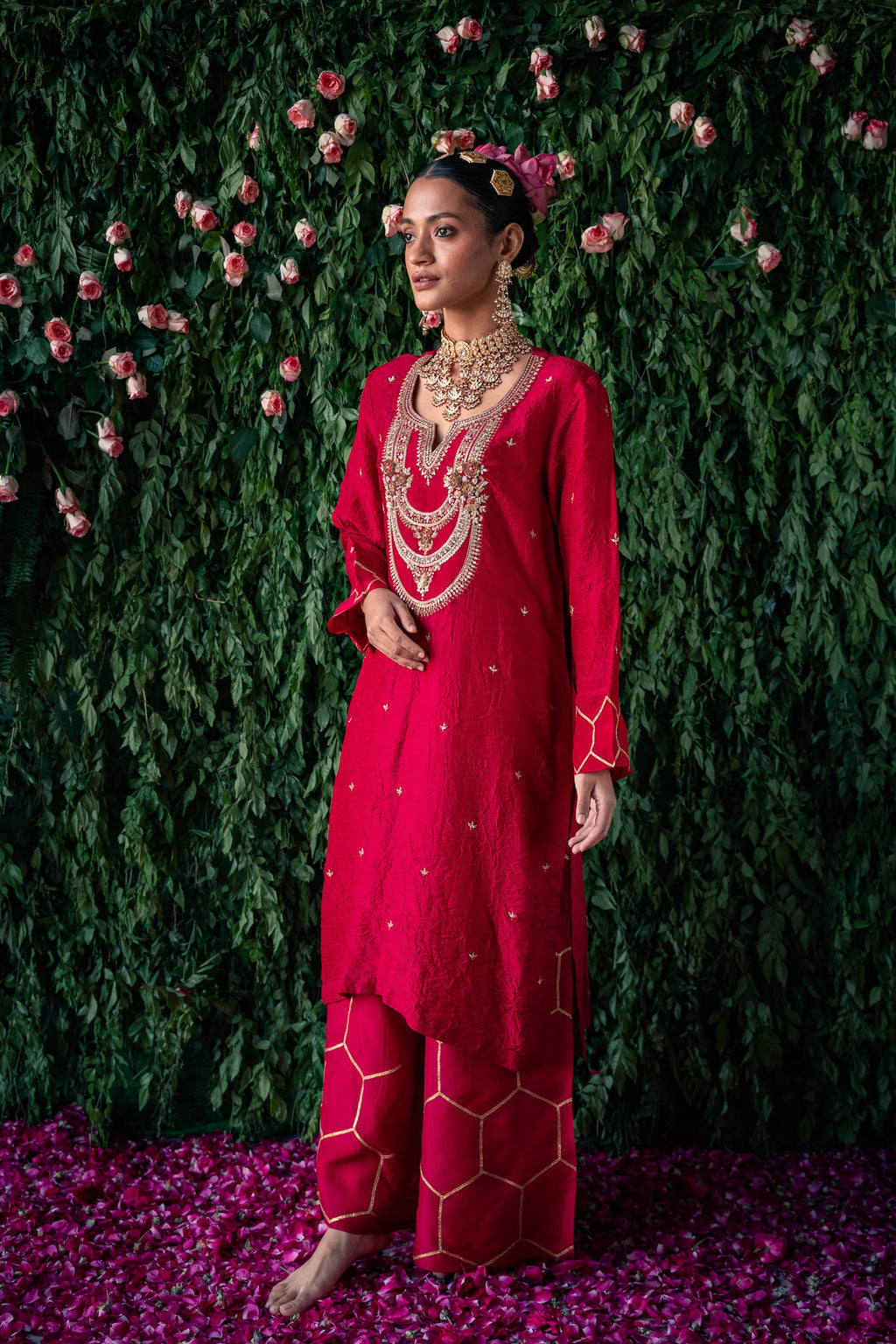 Crushed Silk Kurta with Embroidery and Farshi with Gota Detailing