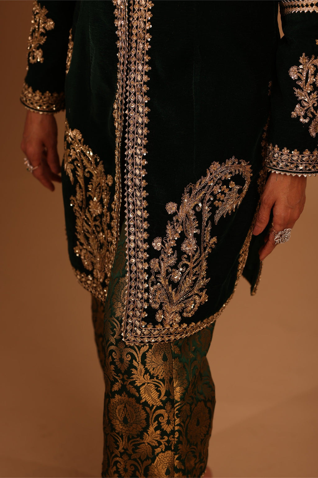Emerald Green Velvet Kurta Set with Banarasi Brocade Pants