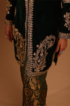 Emerald Green Velvet Kurta Set with Banarasi Brocade Pants