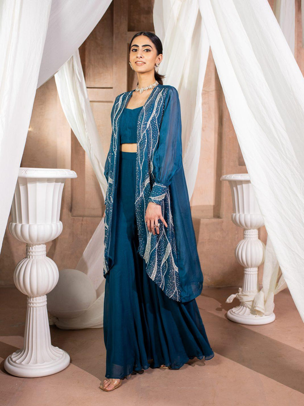 Embroidered Long Jacket & Bell Bottom Pants Set