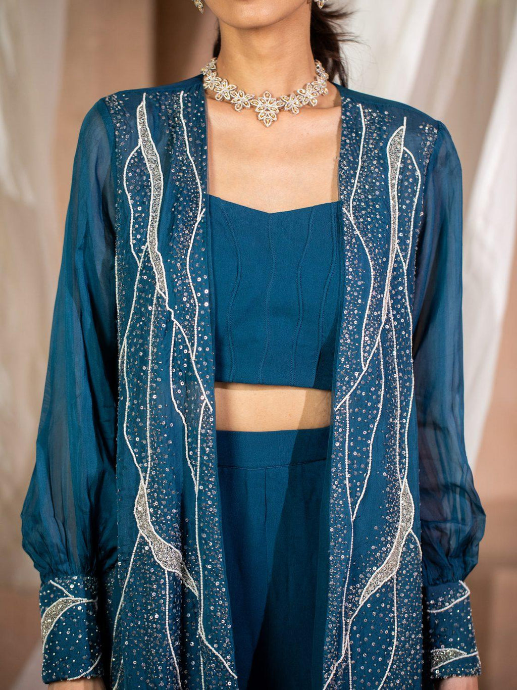 Embroidered Long Jacket & Bell Bottom Pants Set