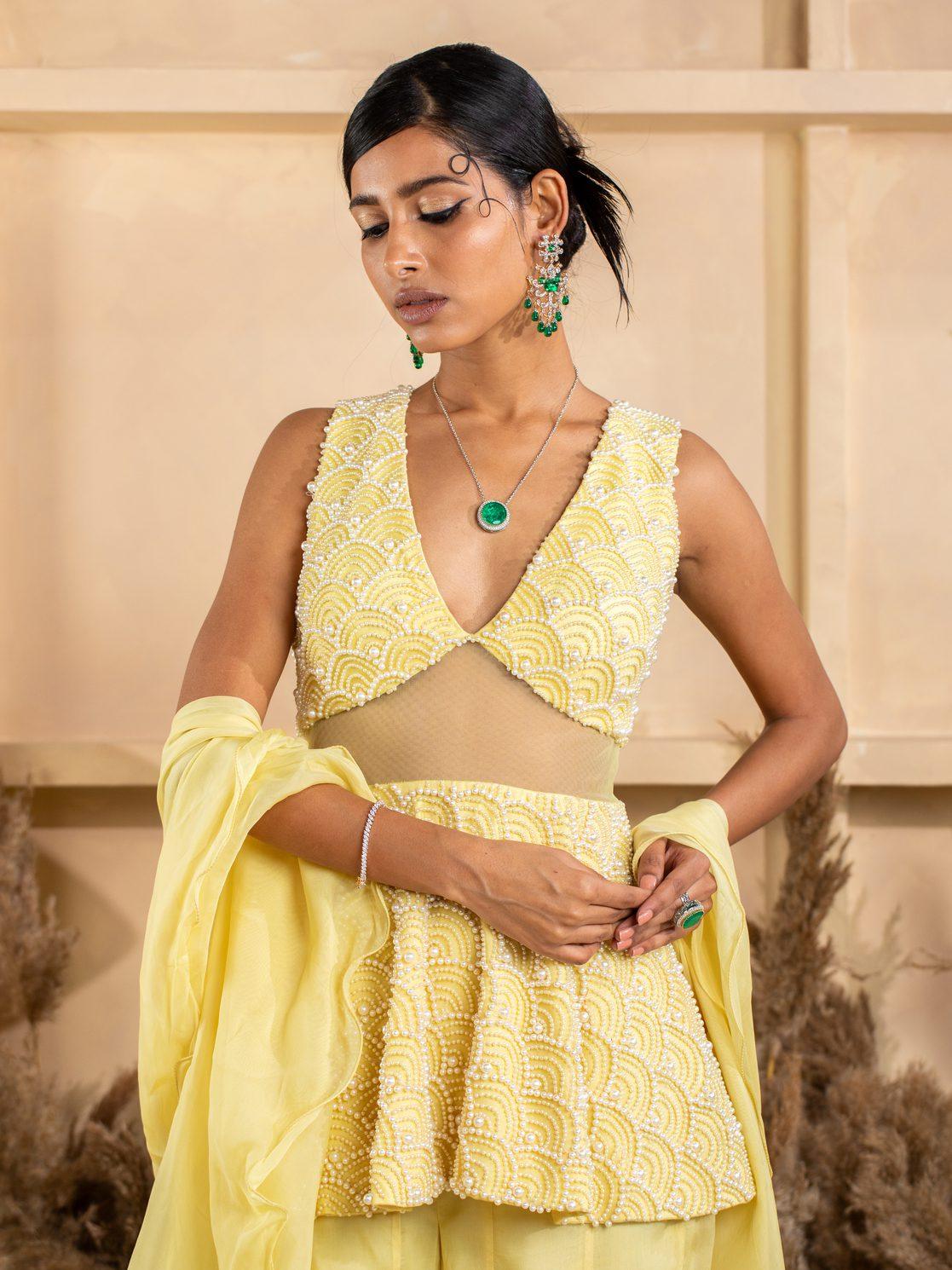 Embroidered Peplum Top with Bell-Bottom Pants Set