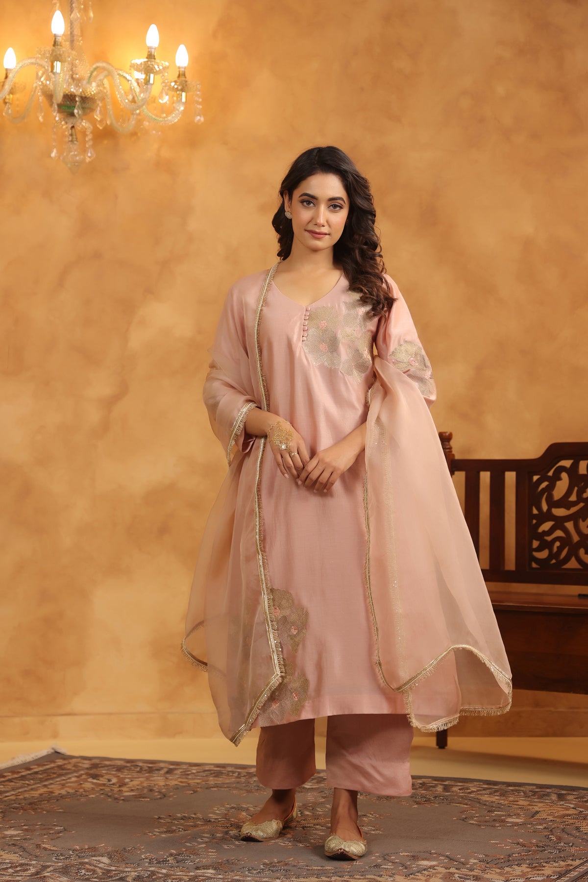 Creamy Peach Silk Chanderi Set