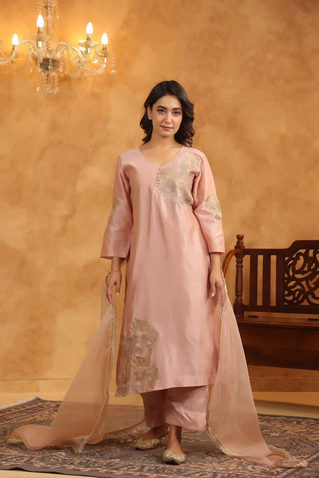 Creamy Peach Silk Chanderi Set