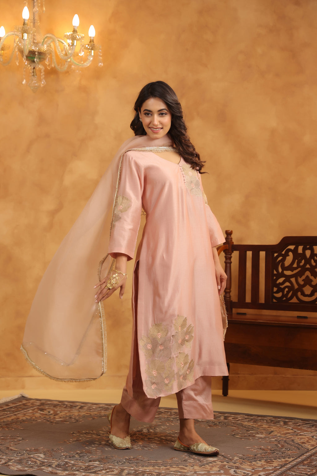 Creamy Peach Silk Chanderi Set