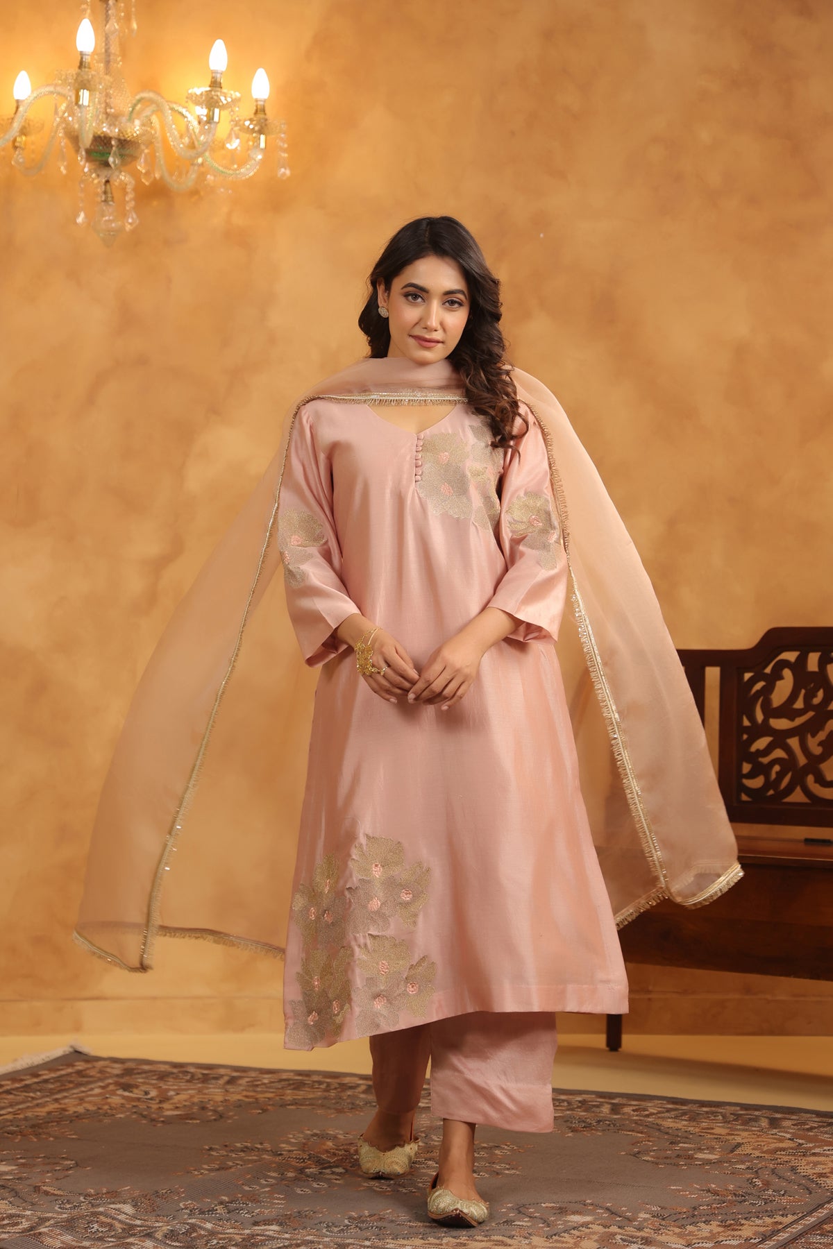 Creamy Peach Silk Chanderi Set