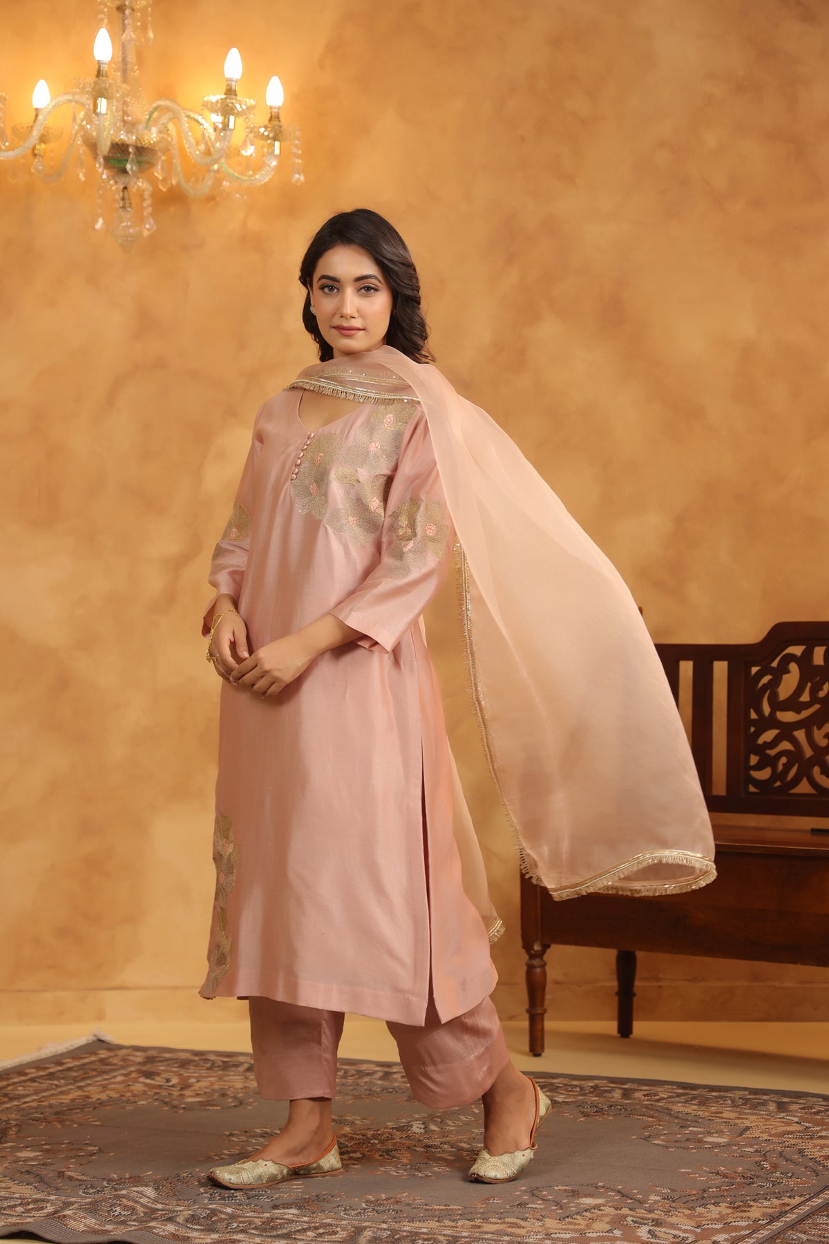 Creamy Peach Silk Chanderi Set