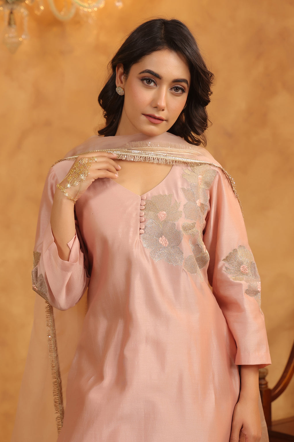 Creamy Peach Silk Chanderi Set