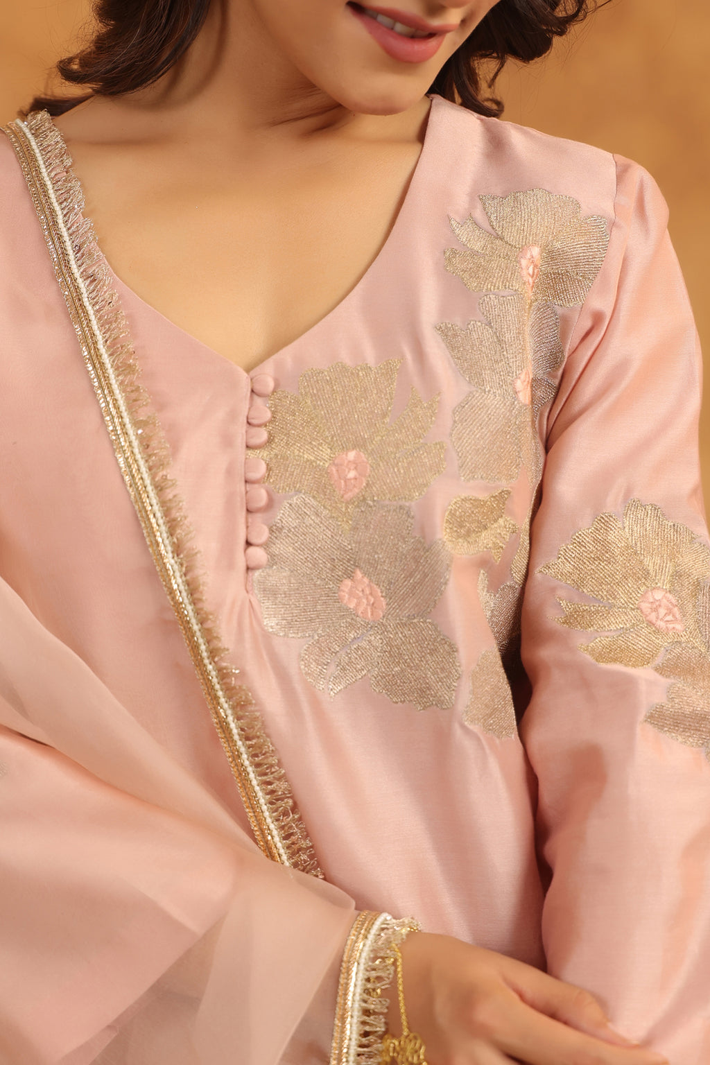 Creamy Peach Silk Chanderi Set