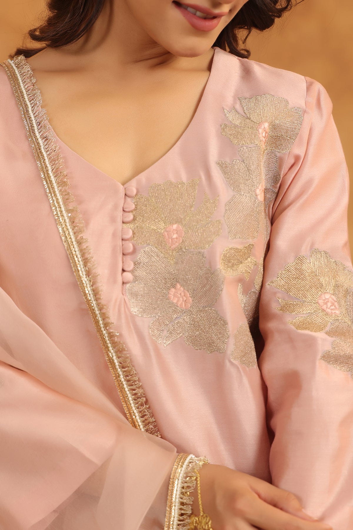 Creamy Peach Silk Chanderi Set