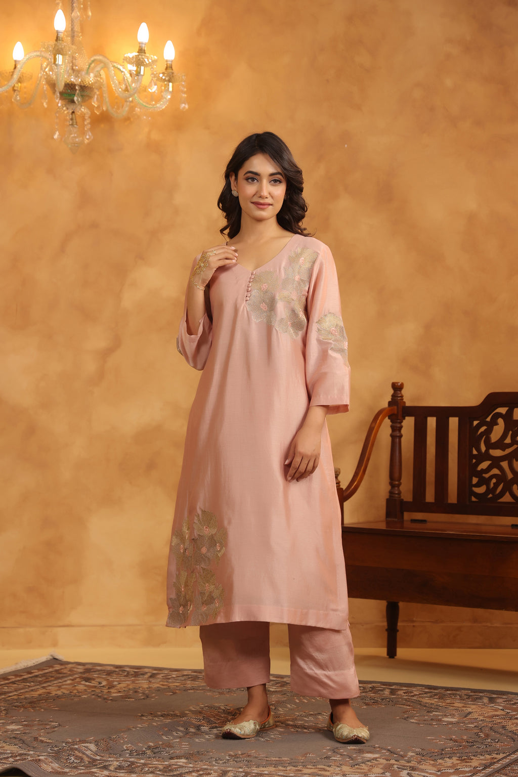 Creamy Peach Silk Chanderi Set