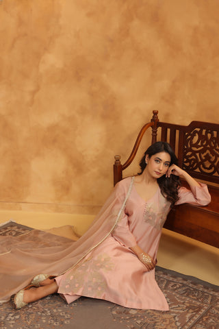 Creamy Peach Silk Chanderi Set