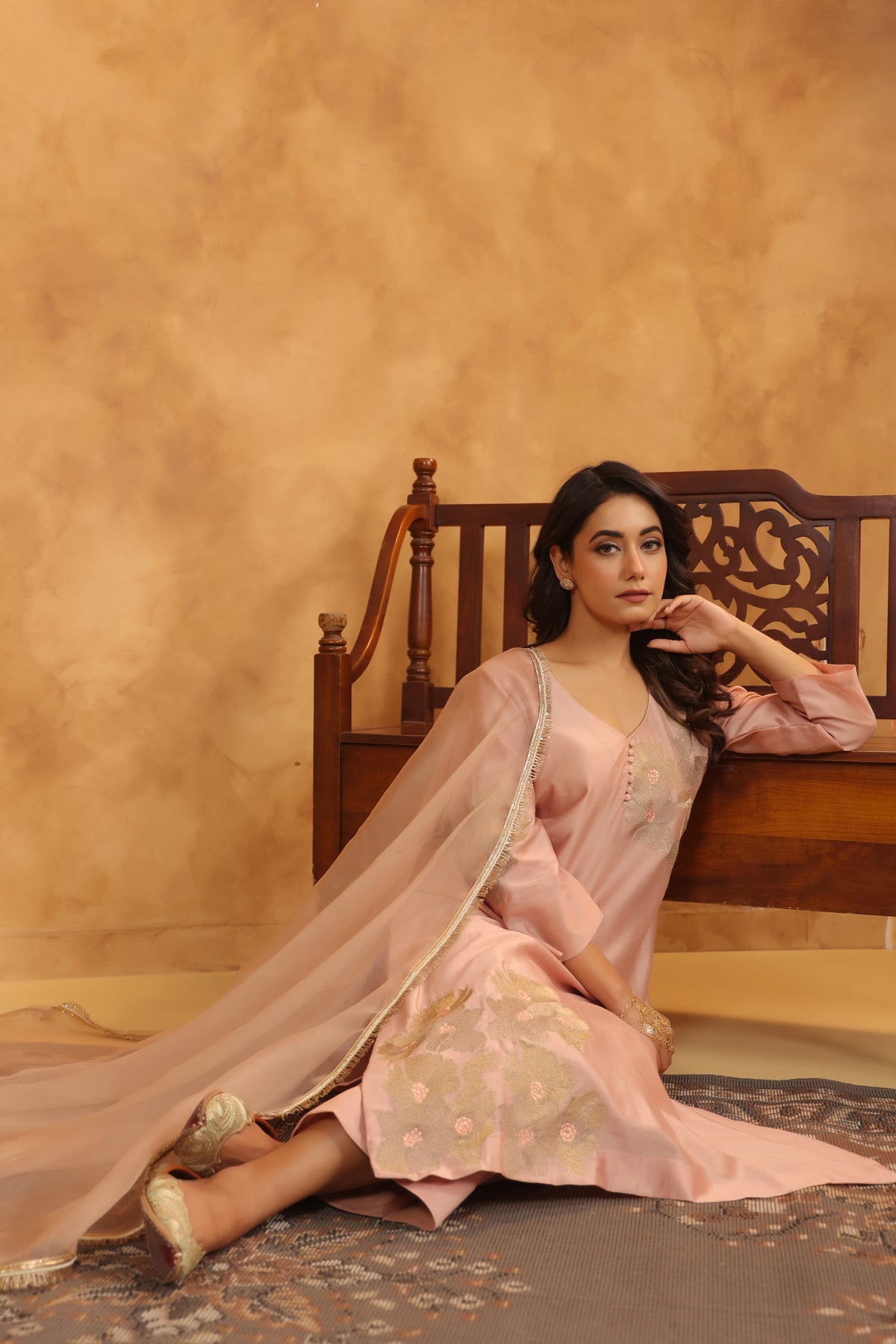 Creamy Peach Silk Chanderi Set