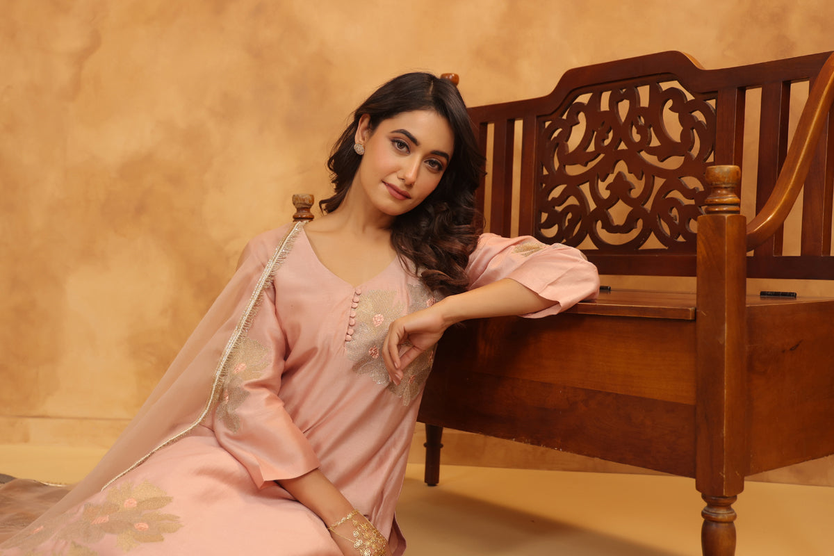 Creamy Peach Silk Chanderi Set
