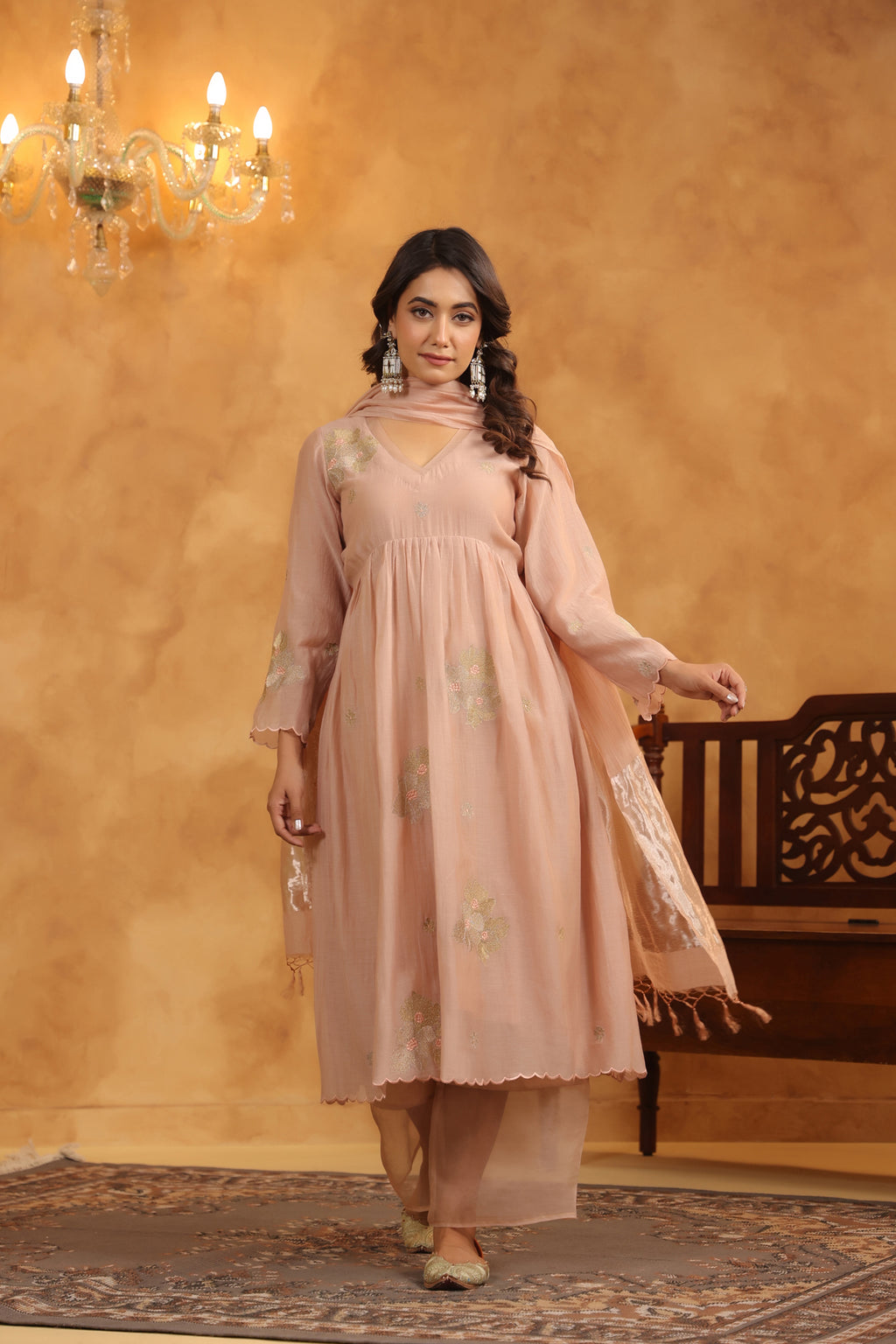 Rosy Embroidered Chanderi Suit Set