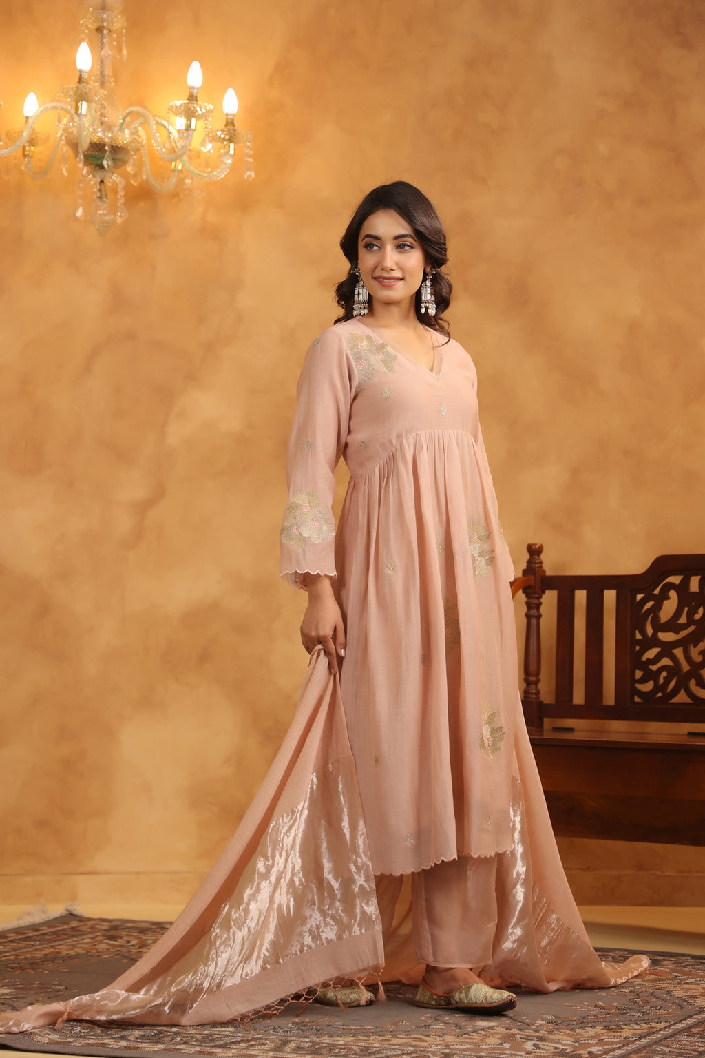 Rosy Embroidered Chanderi Suit Set