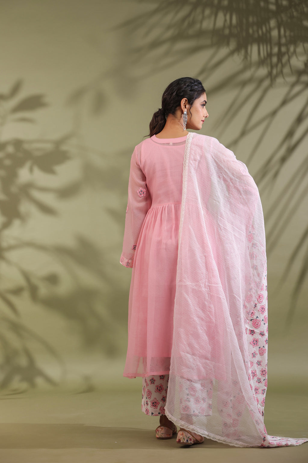 Pink, Hand Block Printed With Patch Work Kota Doria & Cotton Suit Set