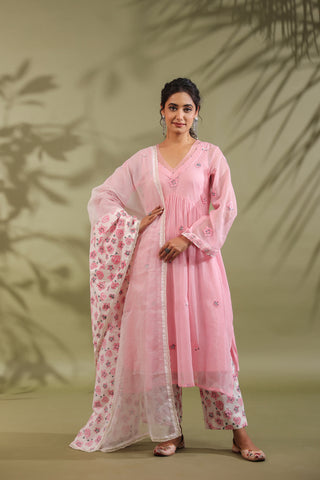 Pink, Hand Block Printed With Patch Work Kota Doria & Cotton Suit Set