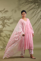 Pink, Hand Block Printed With Patch Work Kota Doria & Cotton Suit Set