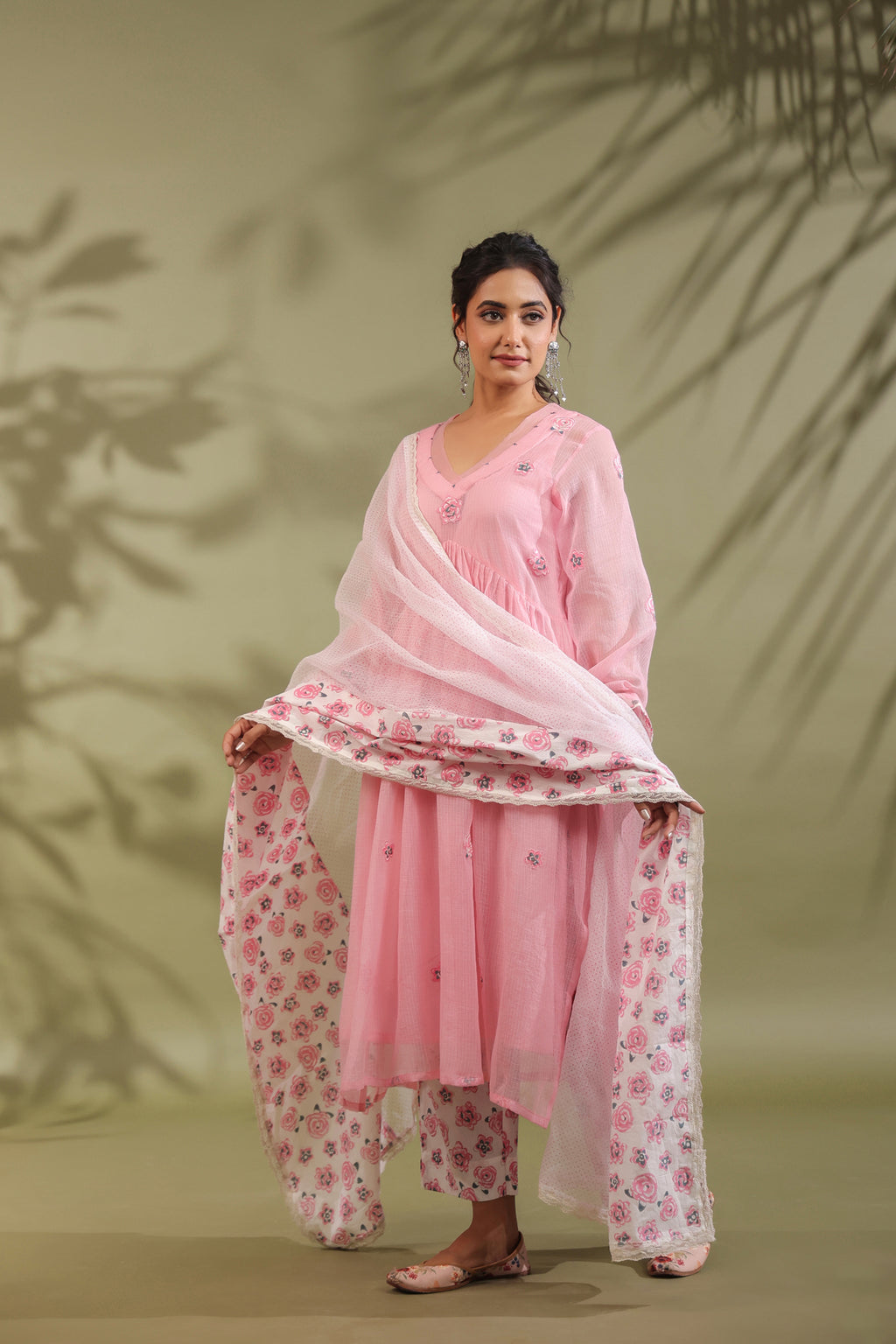 Pink, Hand Block Printed With Patch Work Kota Doria & Cotton Suit Set