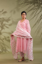 Pink, Hand Block Printed With Patch Work Kota Doria & Cotton Suit Set