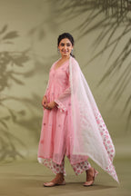 Pink, Hand Block Printed With Patch Work Kota Doria & Cotton Suit Set