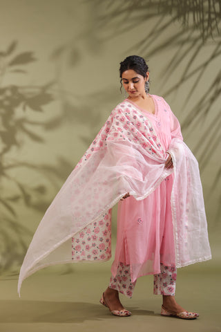 Pink, Hand Block Printed With Patch Work Kota Doria & Cotton Suit Set