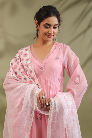 Pink, Hand Block Printed With Patch Work Kota Doria & Cotton Suit Set
