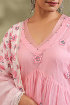 Pink, Hand Block Printed With Patch Work Kota Doria & Cotton Suit Set