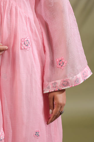 Pink, Hand Block Printed With Patch Work Kota Doria & Cotton Suit Set