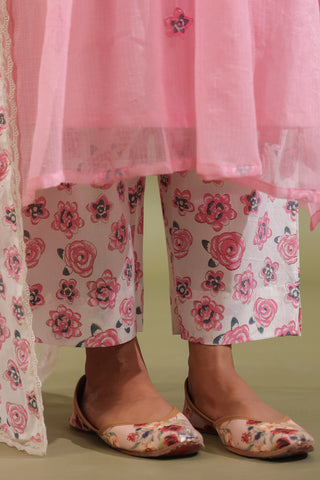 Pink, Hand Block Printed With Patch Work Kota Doria & Cotton Suit Set