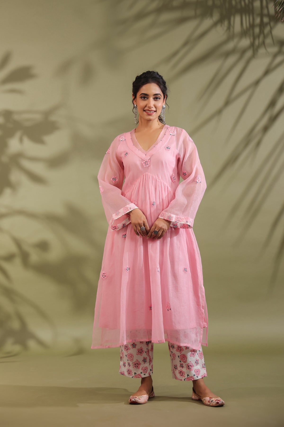 Pink, Hand Block Printed With Patch Work Kota Doria & Cotton Suit Set