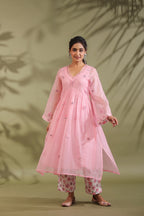 Pink, Hand Block Printed With Patch Work Kota Doria & Cotton Suit Set