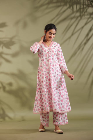 Rose Print Floral A-line Kurta Cotton Suit Set