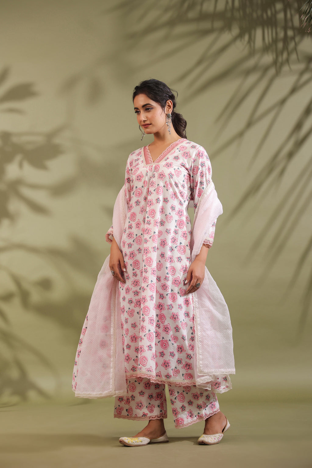 Rose Print Floral A-line Kurta Cotton Suit Set