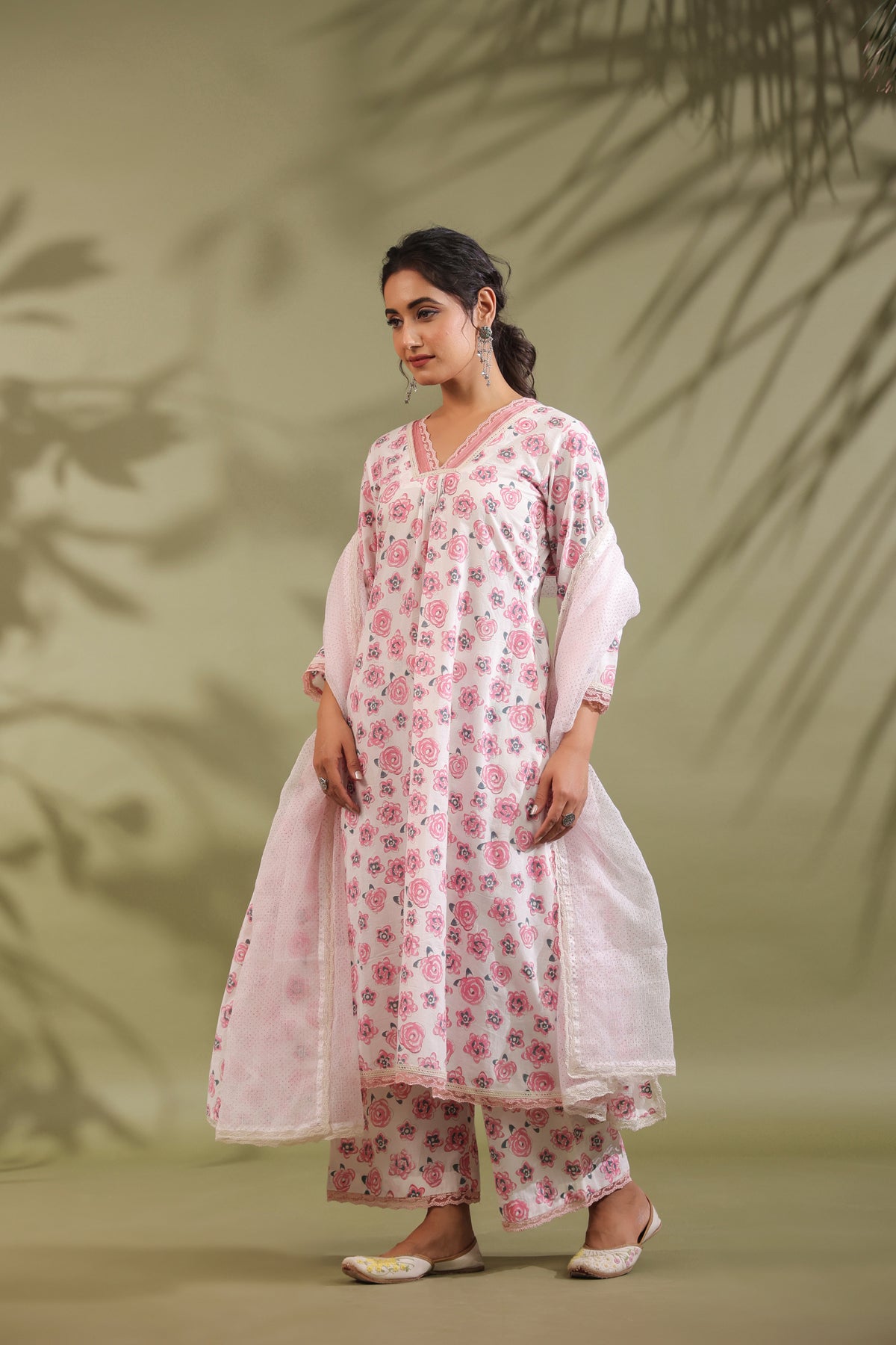 Rose Print Floral A-line Kurta Cotton Suit Set