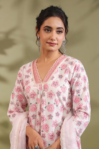 Rose Print Floral A-line Kurta Cotton Suit Set