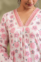 Rose Print Floral A-line Kurta Cotton Suit Set