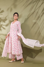 Rose Print Floral A-line Kurta Cotton Suit Set