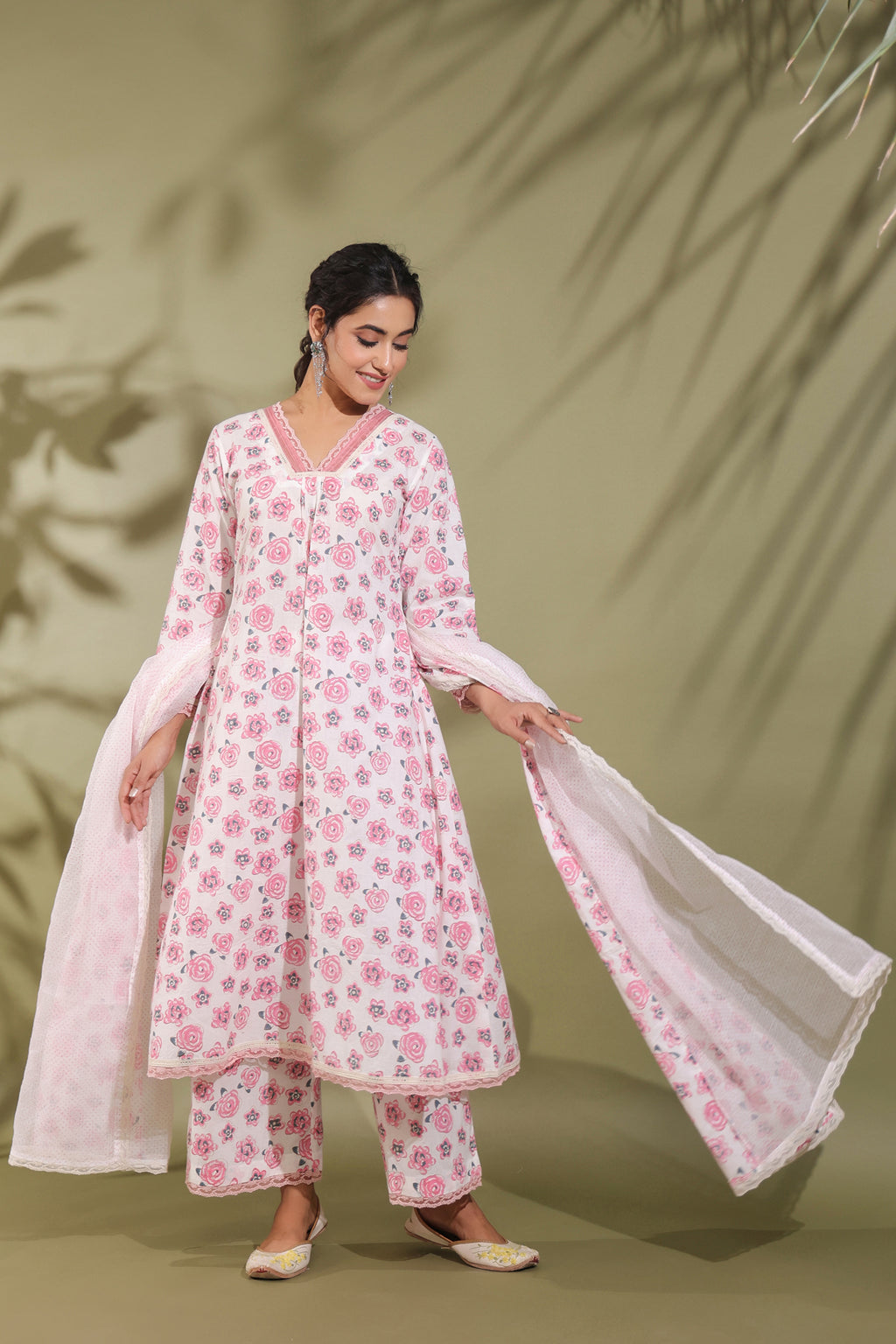 Rose Print Floral A-line Kurta Cotton Suit Set