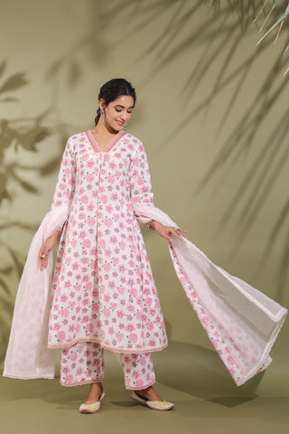 Rose Print Floral A-line Kurta Cotton Suit Set