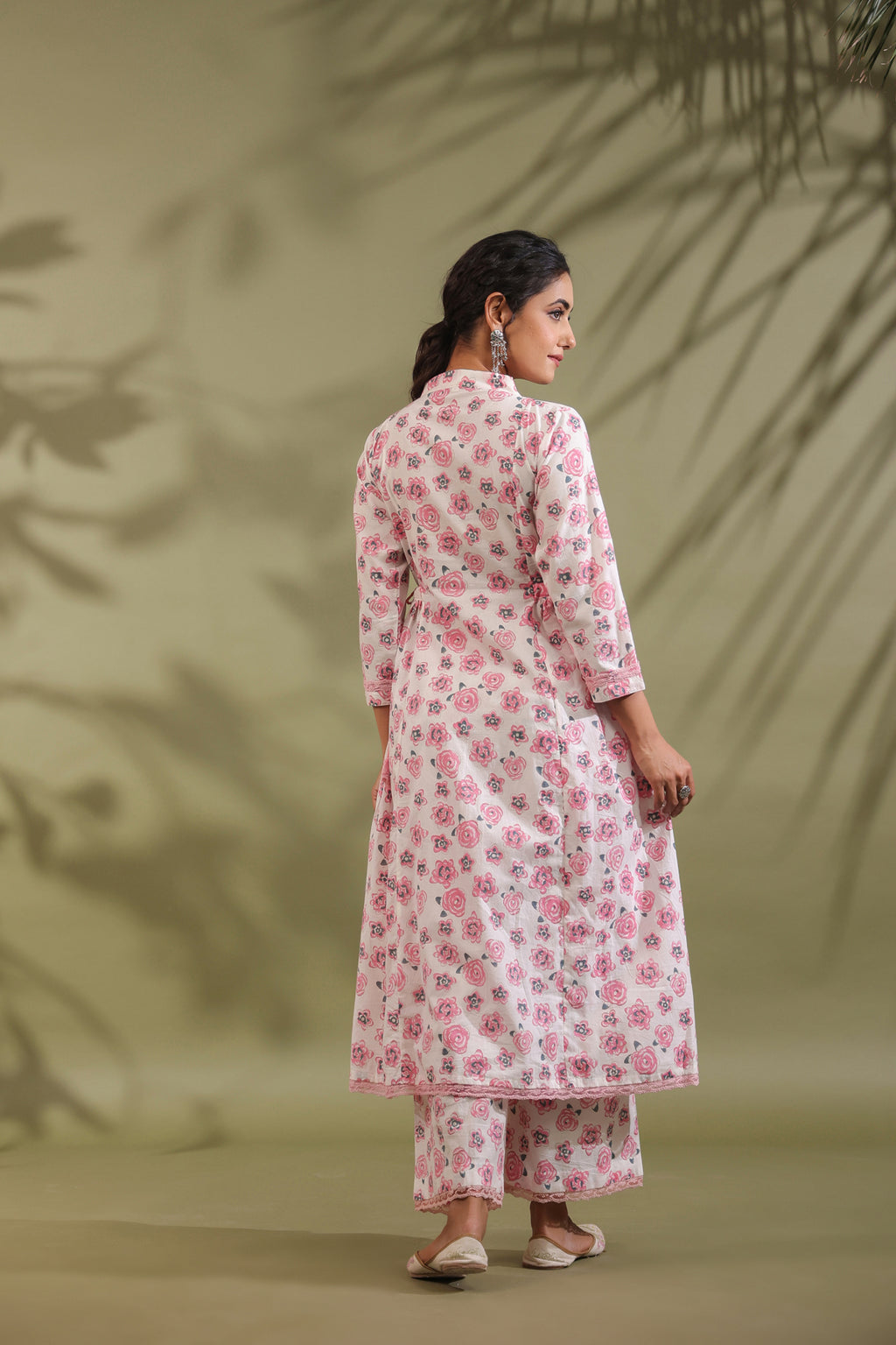 Rose Print Side Gathered With Tasseels Both Side A-line Cotton Suit Set