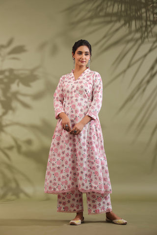 Rose Print Side Gathered With Tasseels Both Side A-line Cotton Suit Set