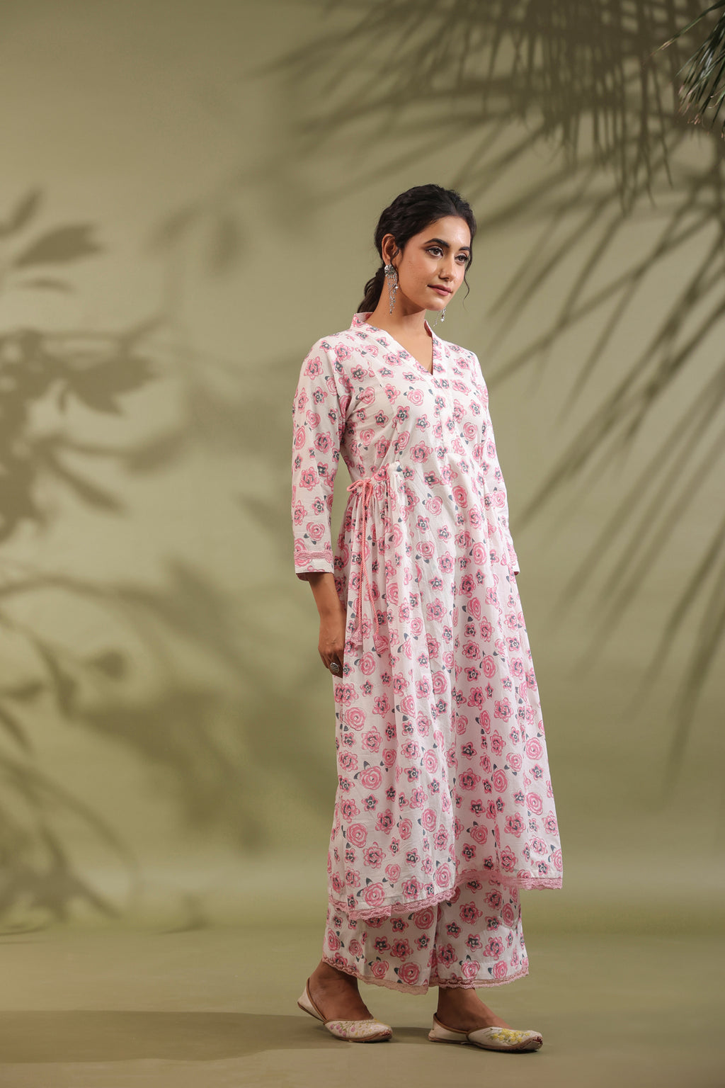 Rose Print Side Gathered With Tasseels Both Side A-line Cotton Suit Set