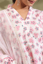 Rose Print Side Gathered With Tasseels Both Side A-line Cotton Suit Set