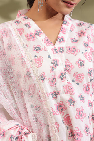 Rose Print Side Gathered With Tasseels Both Side A-line Cotton Suit Set