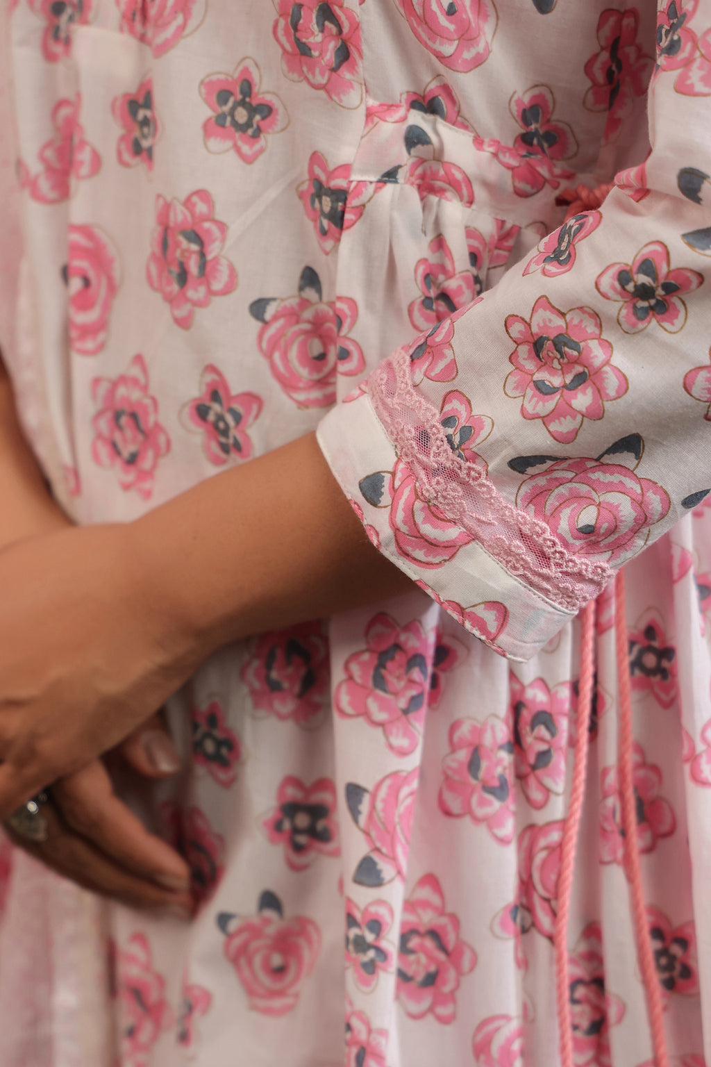 Rose Print Side Gathered With Tasseels Both Side A-line Cotton Suit Set