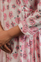 Rose Print Side Gathered With Tasseels Both Side A-line Cotton Suit Set